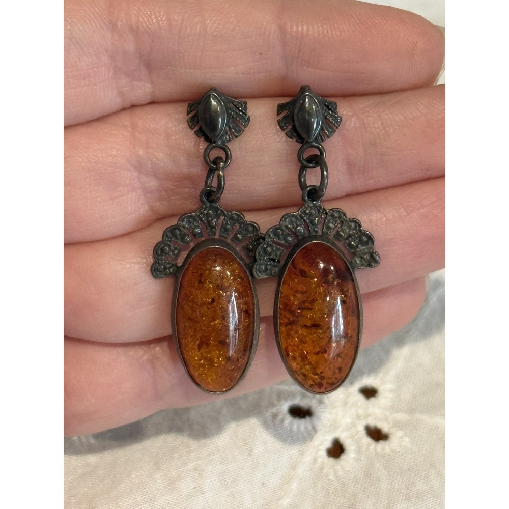 Vintage Sterling Silver Amber Dangle Earrings 1" ‎ Cabochon Stud Drop